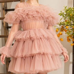 Kiki Riki Ruffled Tulle Caramel Crew Neck  Dress Size Small Kikiriki N15